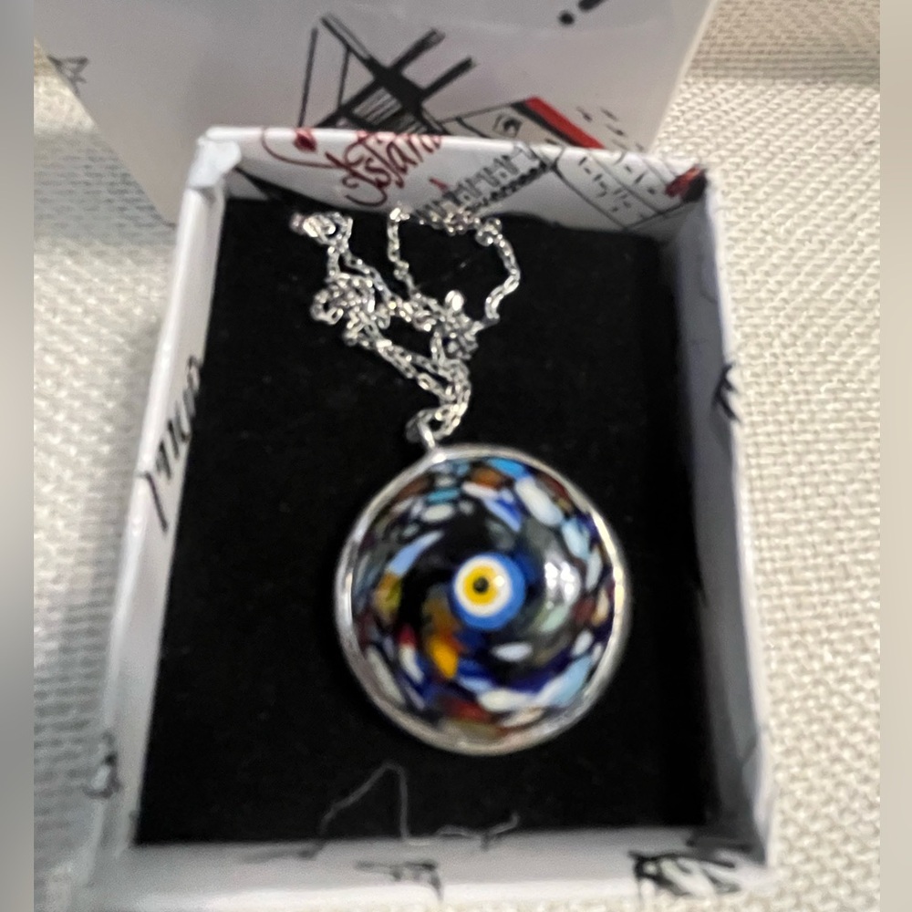 NWT Colorful Sterling Silver Turkish Evil Eye Necklace From Istanbul Turkey